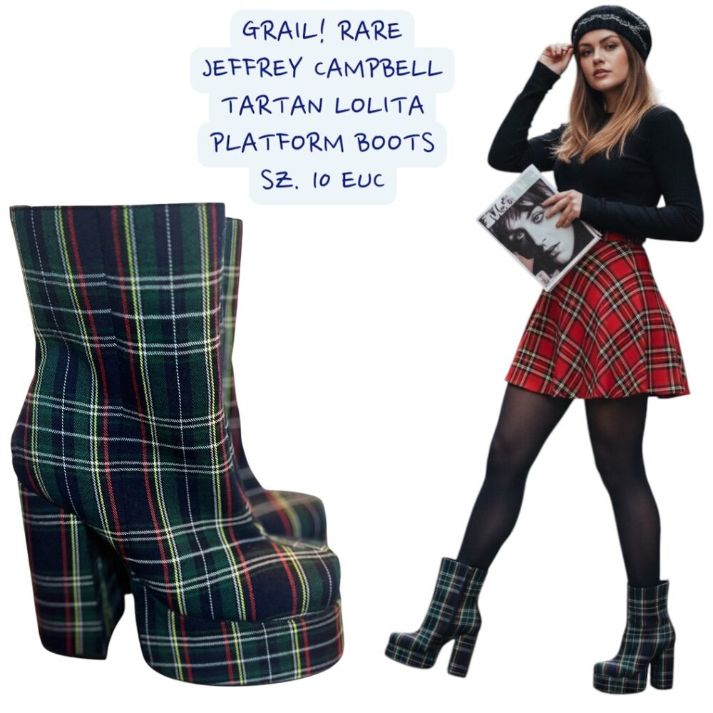 RARE GRAIL JEFFREY CAMPBELL TARTAN PLATFORM LOLITA GRUNGE BOOTS 10 EUC